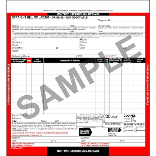 Hazardous Materials Straight Bill of Lading