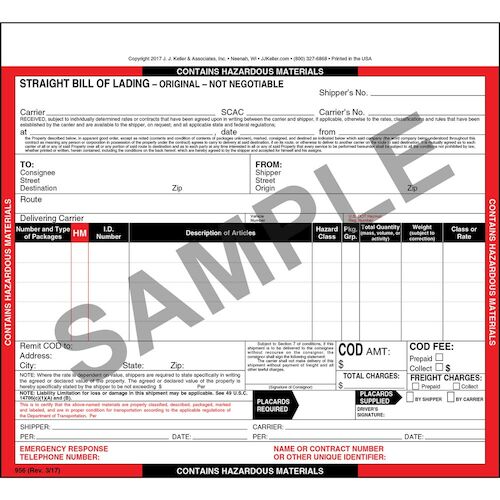 Hazardous Materials Straight Bill of Lading